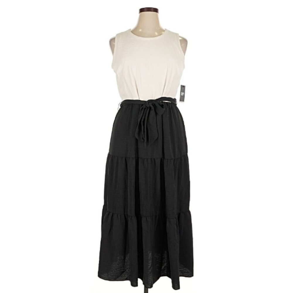 DKNY Belted Maxi Dress in Black and White